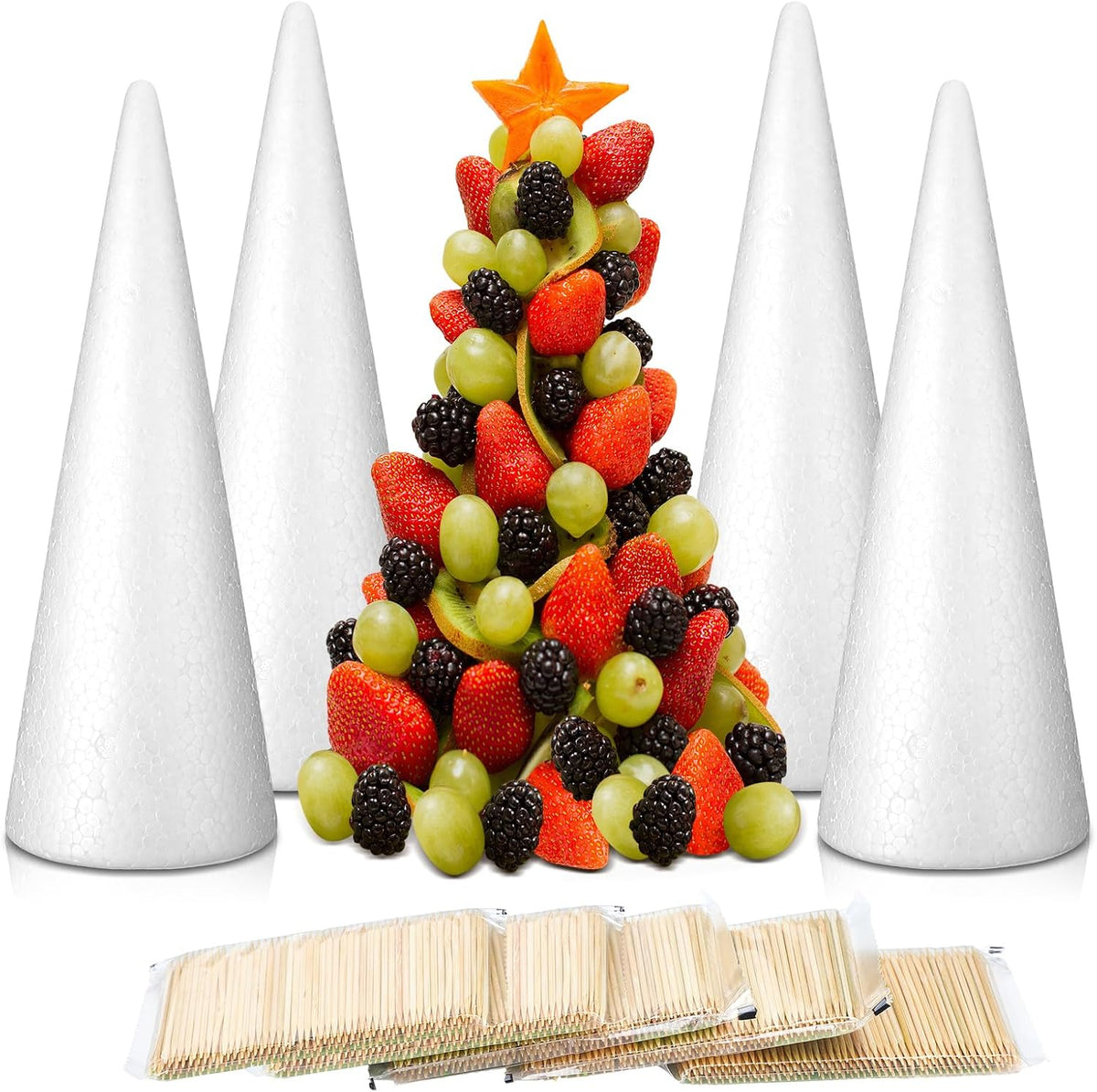 904 Pcs Christmas Large Foam Cones for Crafts Charcuterie Christmas Tree Sets with 4 Foam Xmas Tree Cones 900 Bamboo Toothpicks for Vegetables Fruit Snacks Holiday Party Dining Decoration