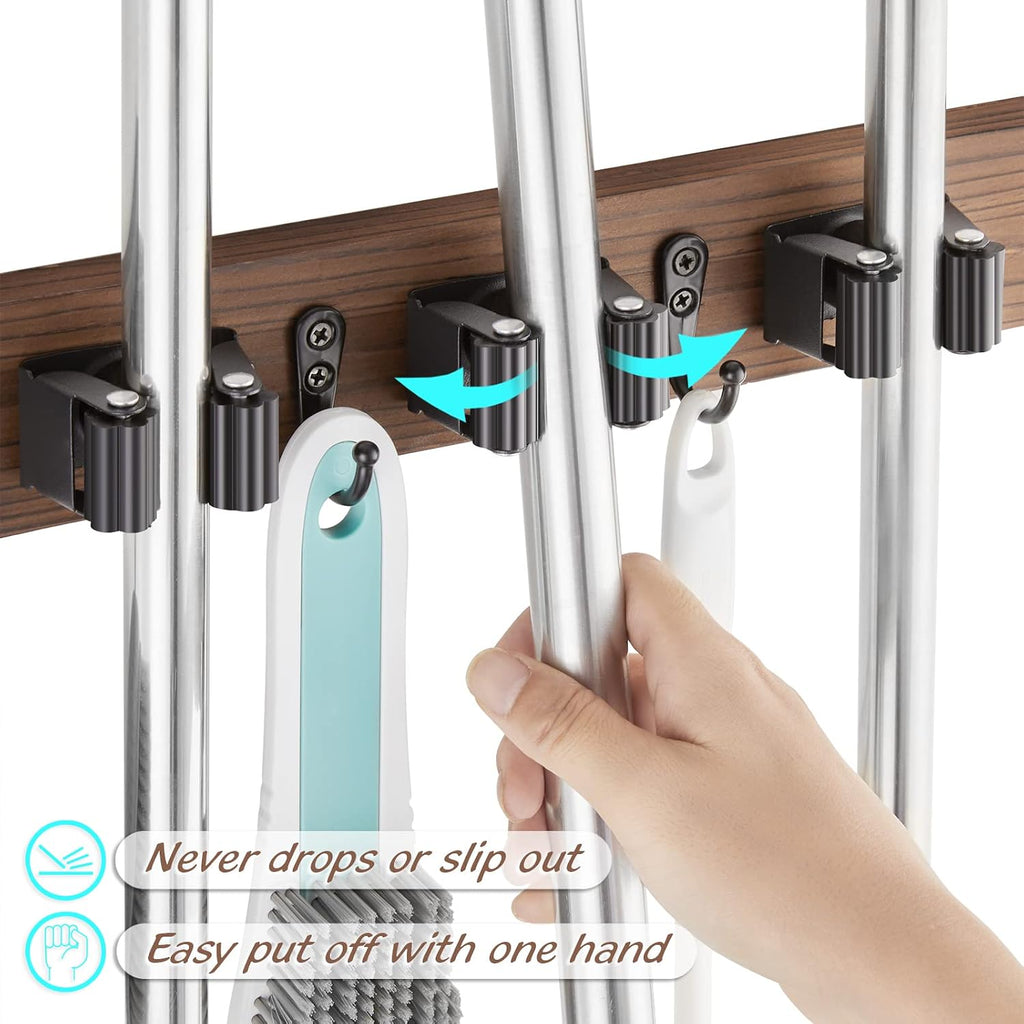 OUTNILI 2 Pack Mop Broom Holder Wall Mount - Wood Broom Mop Hanger - Wall Mounted Garden Tool Rack Organizer for Closet