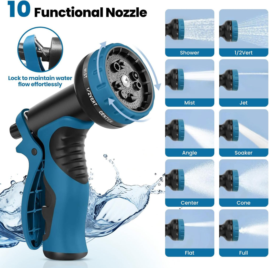Garden Hose 50FT, Water Hose with 10 Function Nozzle, Garden Hose Metal with Leak-proof Connectors, Kink-Free & Ultra