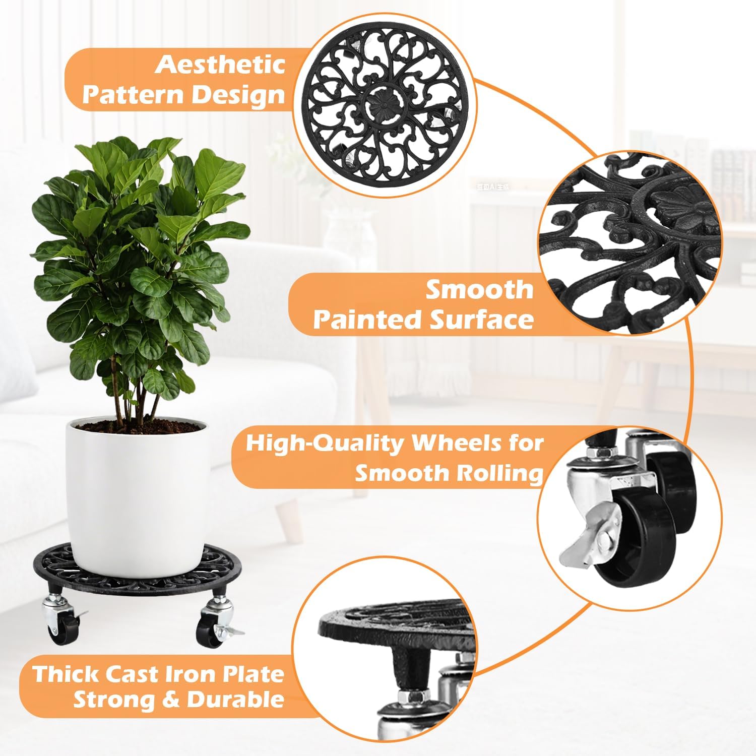 3 Pack Cast Iron Plant Caddy with Wheels Heavy Duty 11 Inch Plant Rollers | Planter Stand on Metal Wheel Round Roller