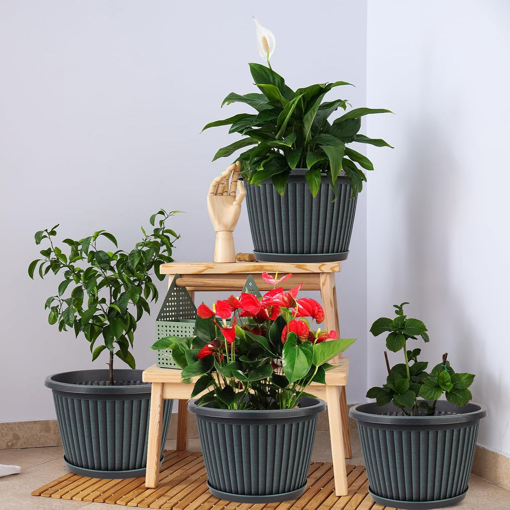 Myfeegoin Planter-Pots-for-Plants-Indoor-Outdoor, 4 Pack 10 Inch Plastic Flower Pots with Saucer & Drainage Holes