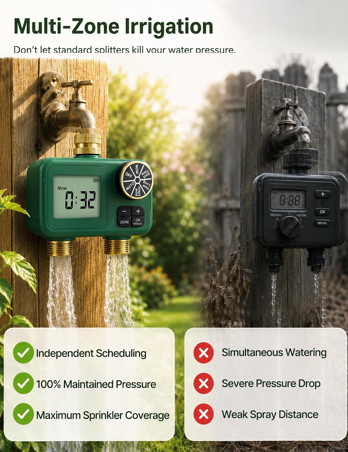 MOES 2-Zone Water Timer for Garden Lawn Hose, Brass 3/4 Inlet & Outlets | Independent Dual-Outlet Sprinkler Timer