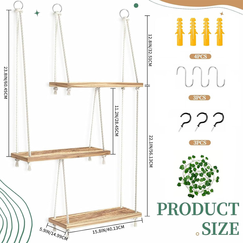 Window Plant Shelves 3-Tier Boho Window Sill Plant Shelf Indoor Hanging Wood Window Plant Hanger for Plants Herb