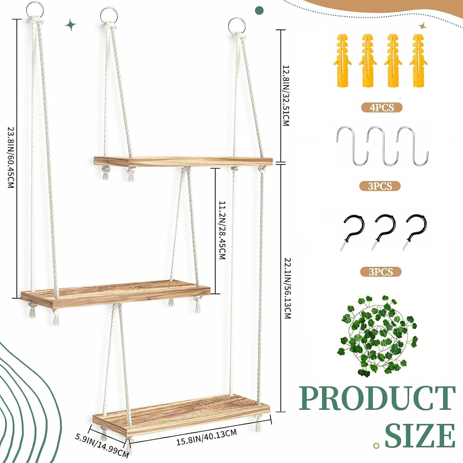 Window Plant Shelves 3-Tier Boho Window Sill Plant Shelf Indoor Hanging Wood Window Plant Hanger for Plants Herb