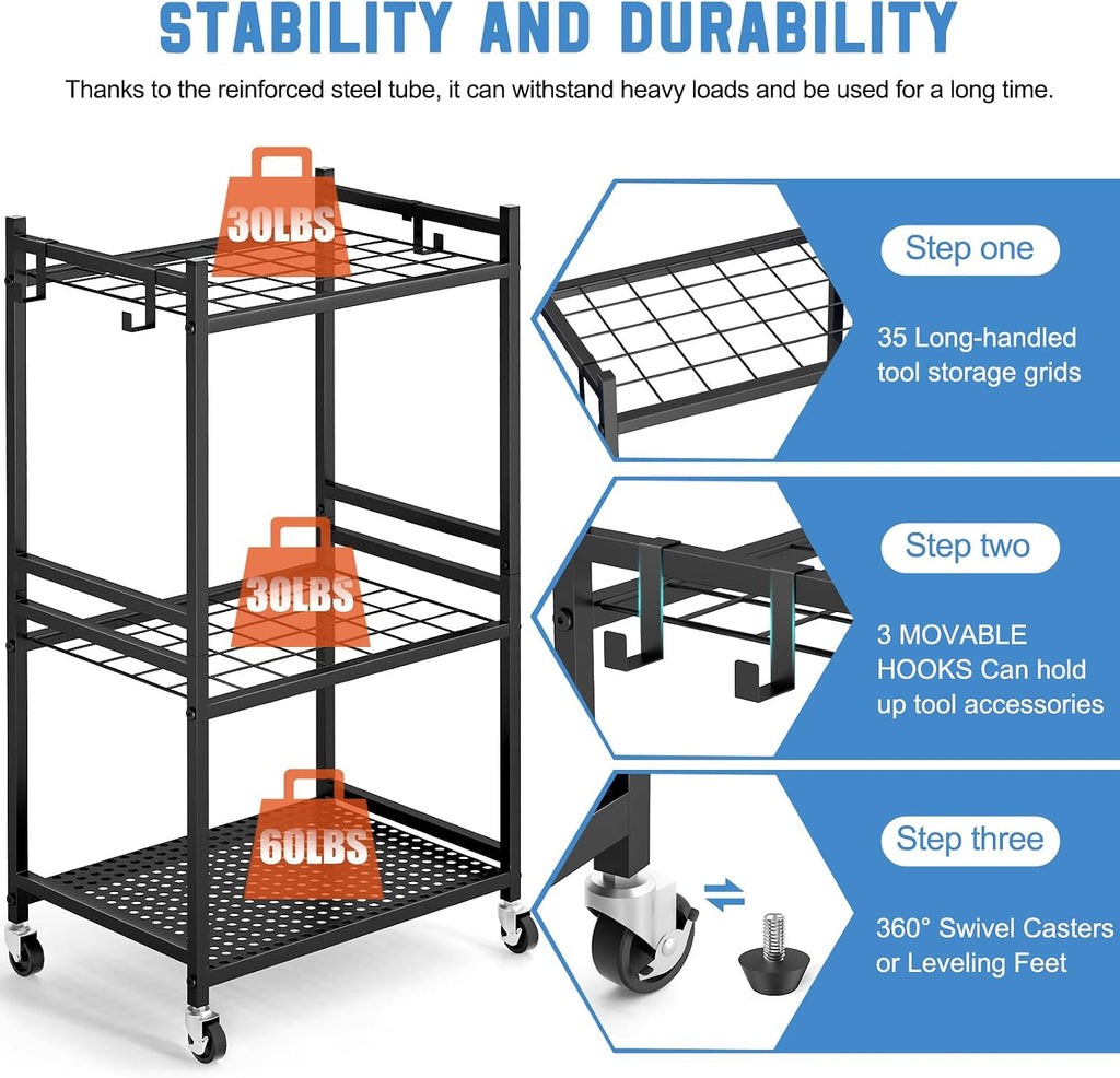 DAOUTIME Garden Organizer With Wheels, Yard Tower Rack for Garage Storage, Up to 35 Long-Handled Tools, Sturdy Metal