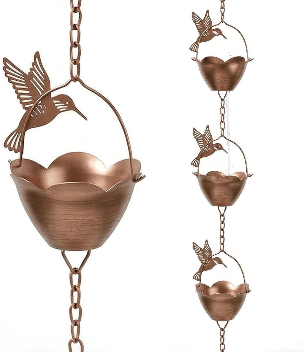 DUSVALLY 8FT Hummingbird Rain Chain for Gutters, Copper-Tone Metal | 12 Flower Cups • Hummingbird Design • Copper-Tone