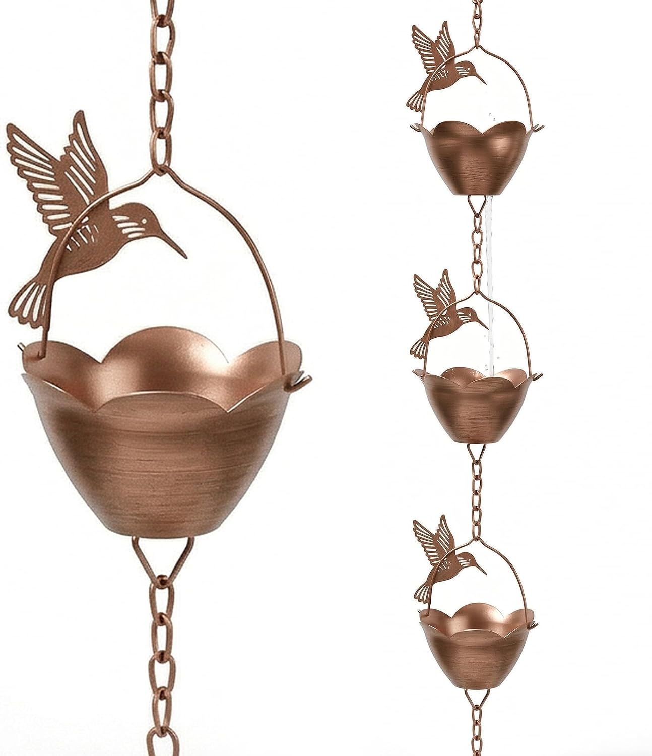 DUSVALLY 8FT Hummingbird Rain Chain for Gutters, Copper-Tone Metal | 12 Flower Cups • Hummingbird Design • Copper-Tone