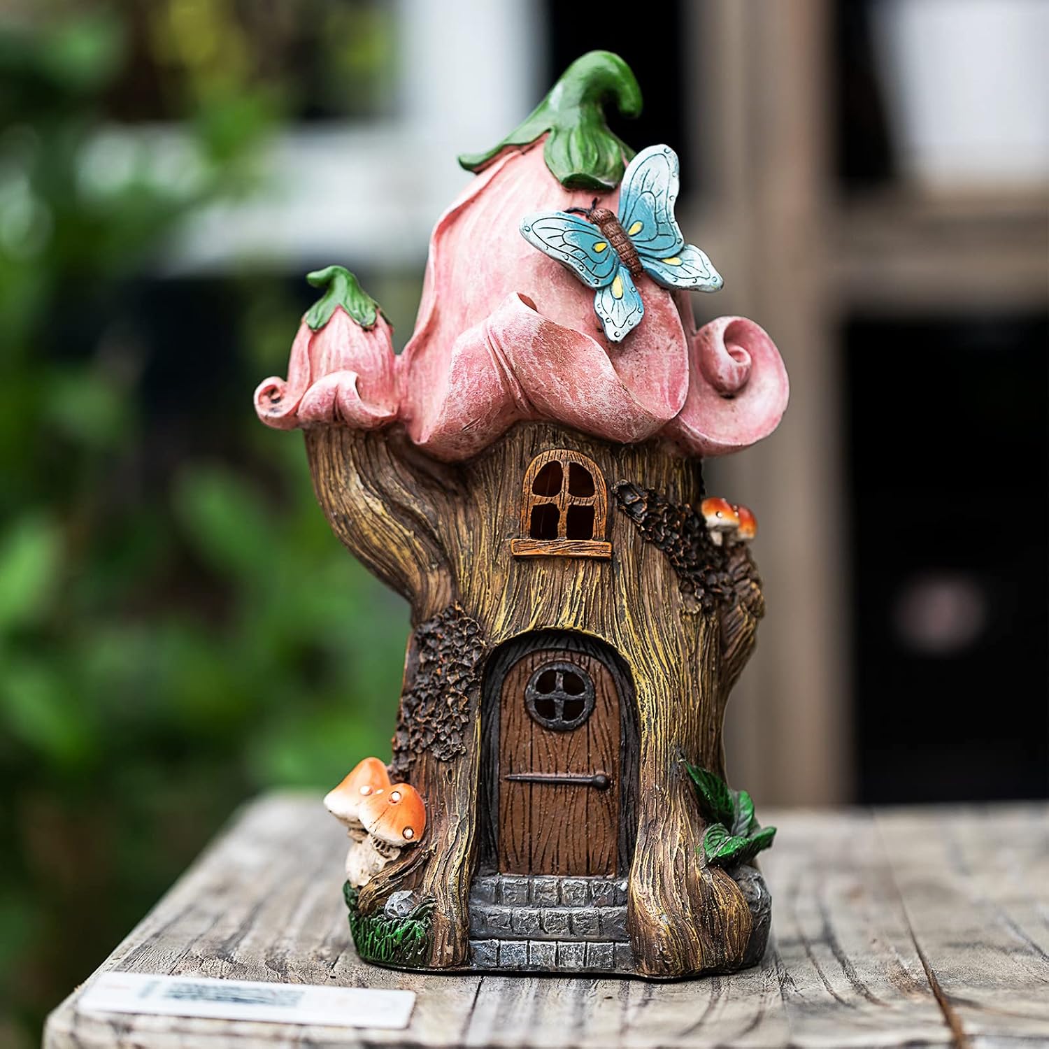 Fairy Garden Accessories Outdoor Statues, Mushroom House Decor,Large Gnome Solar Powered Lights Sculptures,Pink Resin