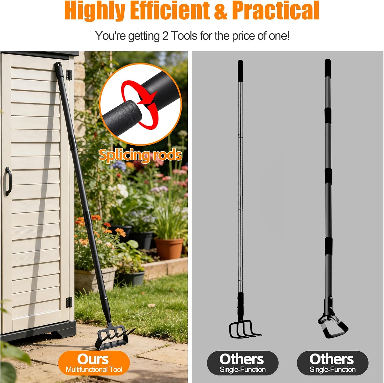 Garden Hoe, 72 Inch Soil Tiller Cultivator Stirrup Hoe, Heavy Duty 2-in-1 Garden Tool with Adjustable Long Handle