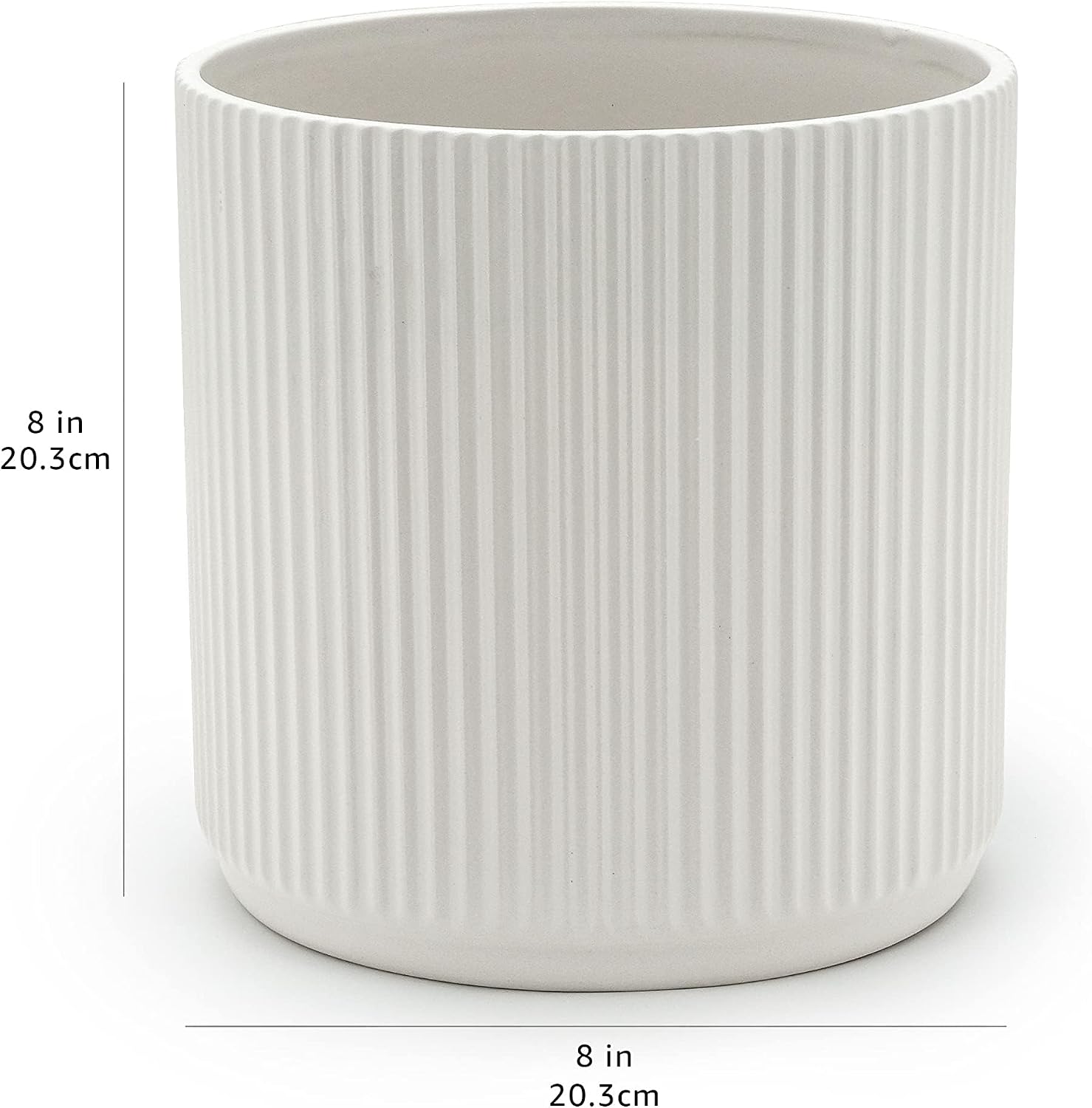 Amazon Basics Fluted Ceramic Planter Pot for Indoor Outdoor Plants, Round Flower Pot with Drainage Hole, 8-inch, White