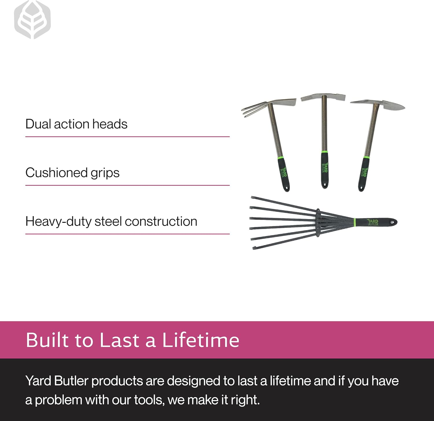 Yard Butler Terra Tuff Hand Tool Bundle, Rust-Resistant | Includes Hand Tiller, Hand Shovel, Hand Weed Puller, and Hand