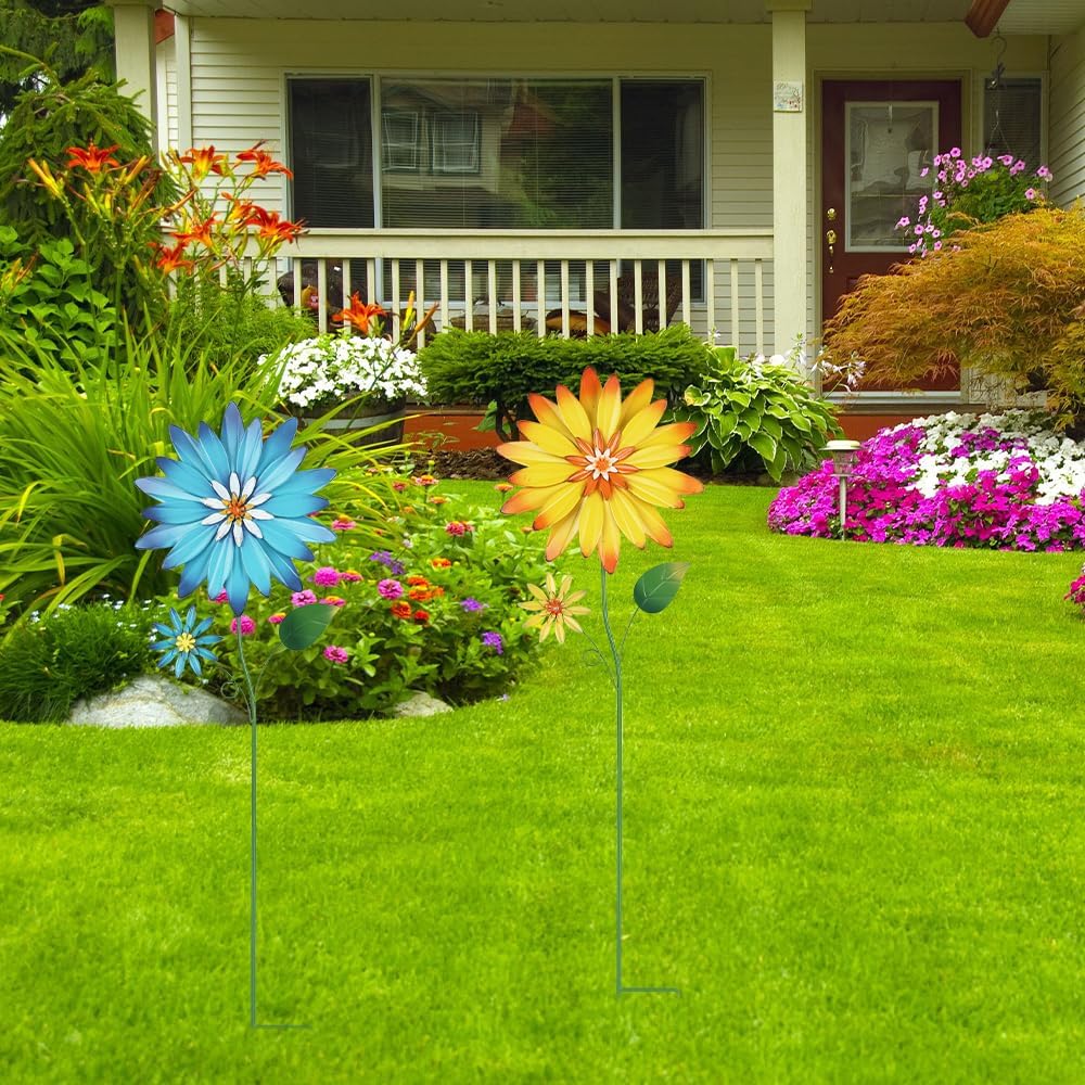 Garden Decor for Outside, 35.4“ Set of 2 Metal Flowers Decorative Garden Stakes for Spring Decor, Yard Art Flower