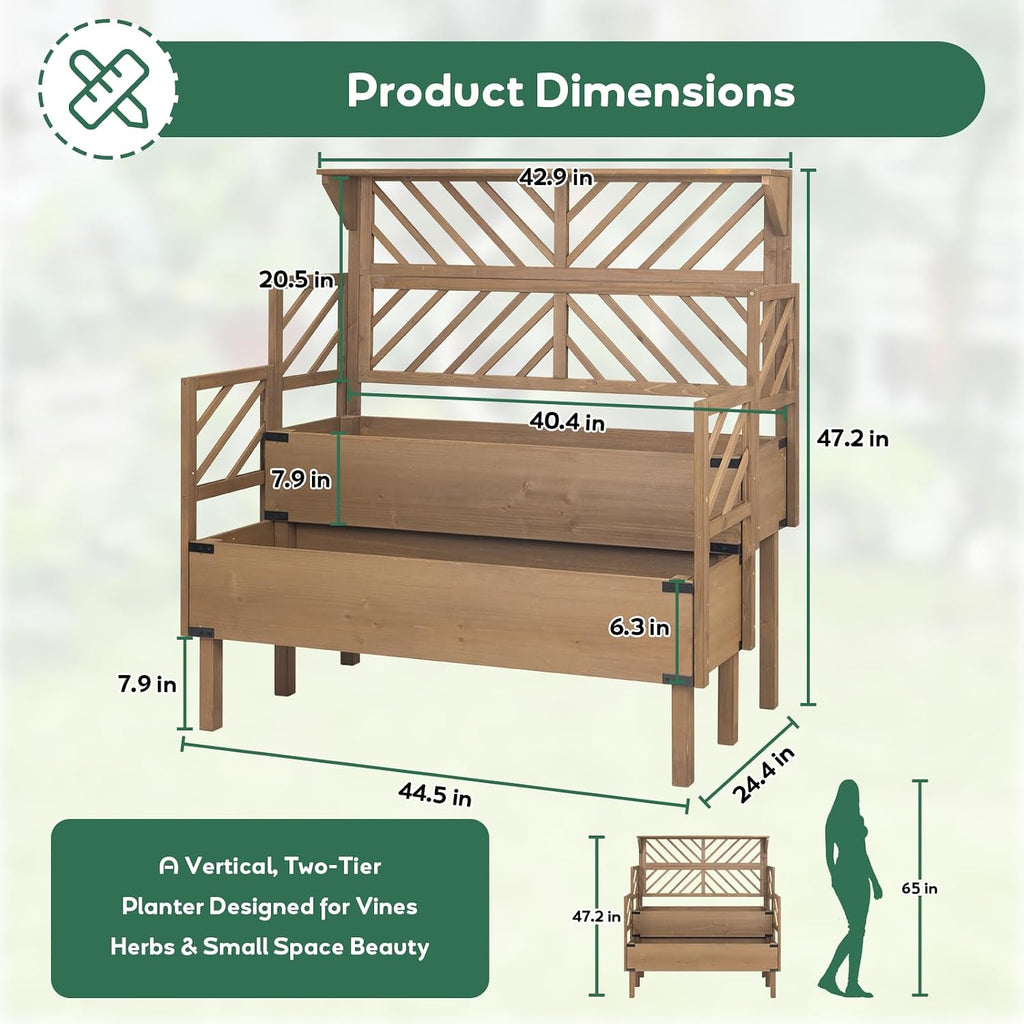 Raised Garden Bed with Trellis, 2-Tier Elevated Planter Box with Legs & Top Shelf, Liner, Metal Corners, Wooden Garden
