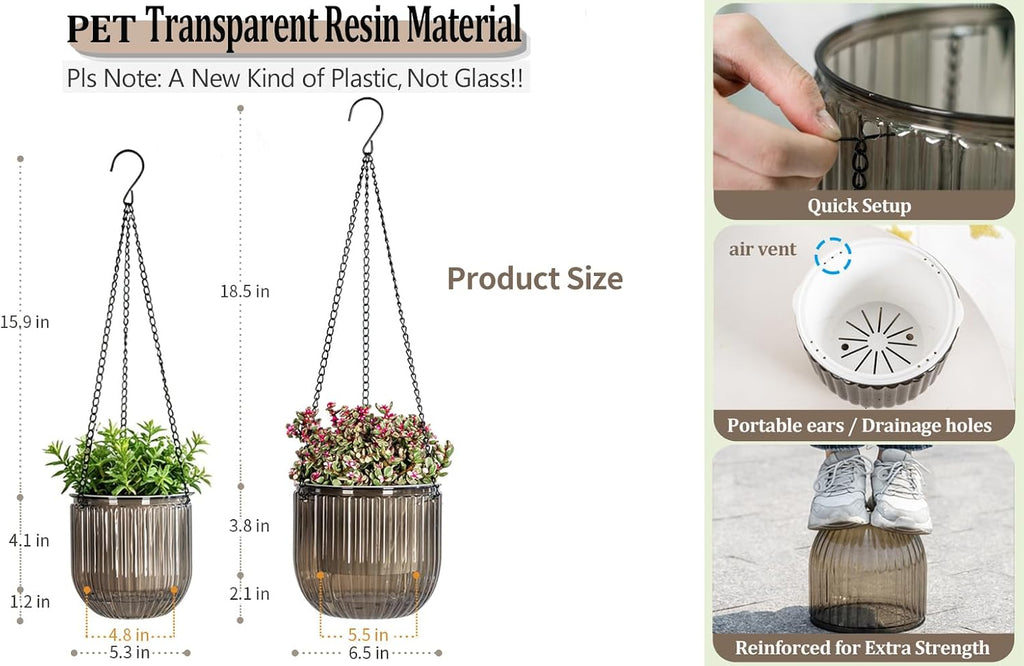 Melphoe Self Watering Hanging Planters Indoor Flower Pots, (6.5’’+6.5’’+5.3''+5.3'' 4Pack) - Outdoor Hanging Plant Pot