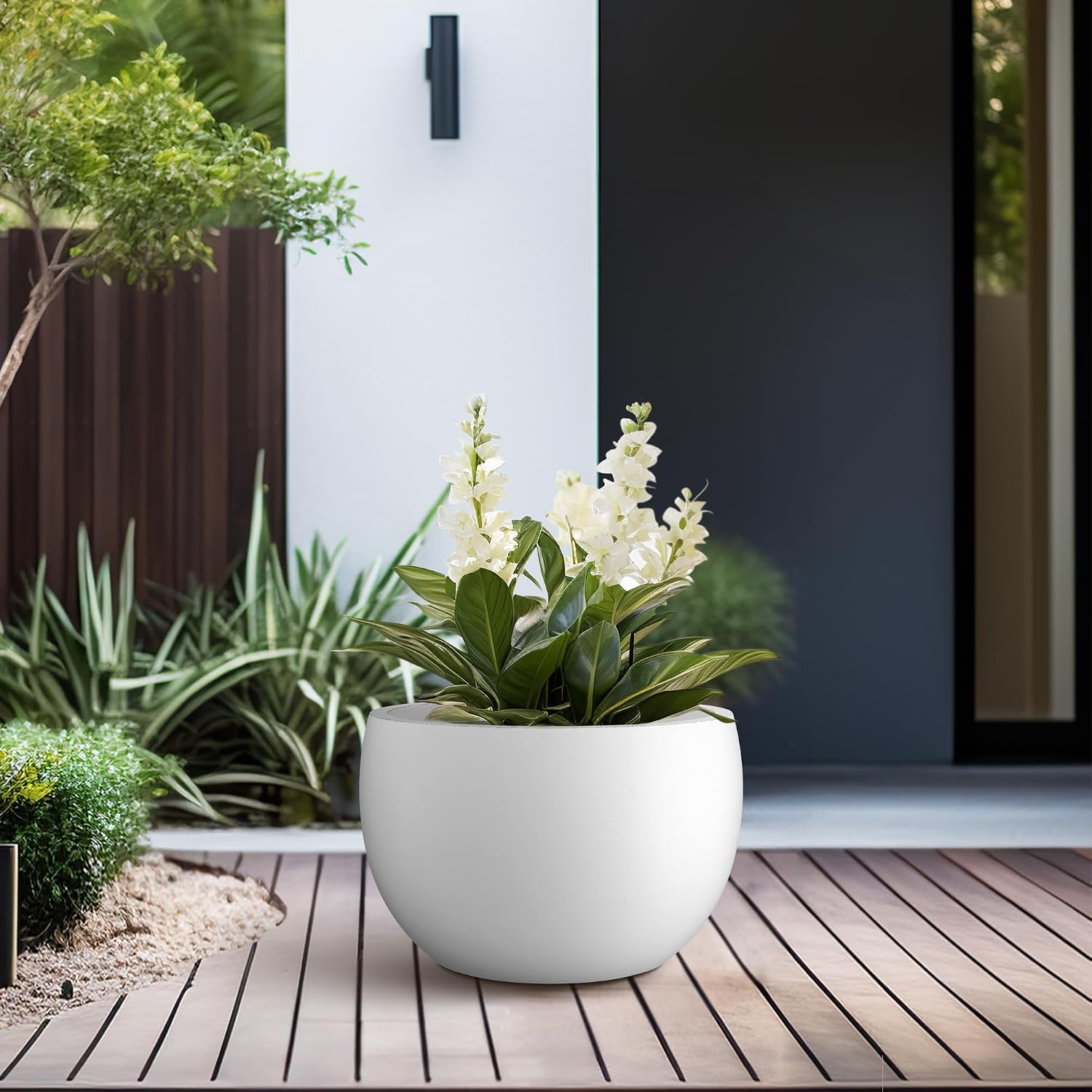 Kante Small Round Bowl White Concrete Planter 11.8" Dia, Outdoor | Rubber Plug for Indoor, Drainage for Garden