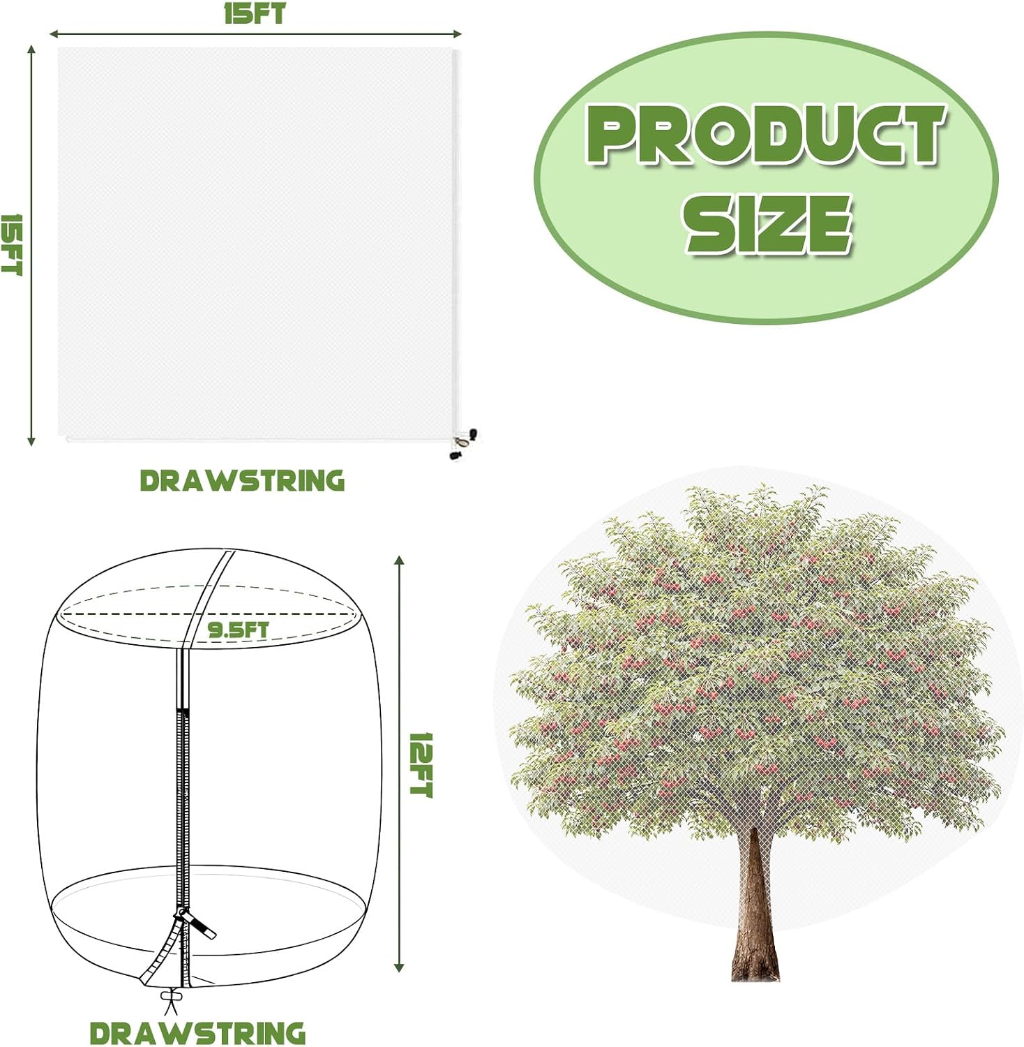1Pcs 15ft x 15ft Extra Large Fruit Tree Netting Cover with Zipper and Drawstring Garden Plant Protector Bird Barrier