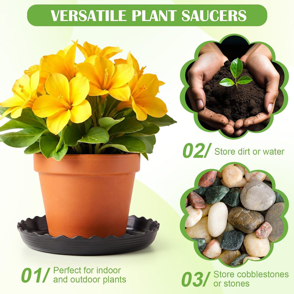 Gejoy 30 Pack Plant Saucers for Pots, 4/6/8/10/12 Inch Black Plastic Plant Trays to Catch Water, Durable Heavy Duty
