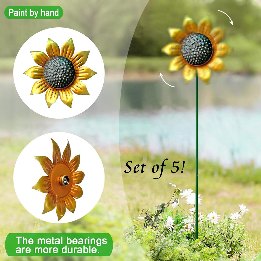 Metal Sunflower Wind Spinners,5 Pack Flower Outdoor Yard Garden Stakes | Metal Wind Spinner for Yard Stake,Patio,Lawn