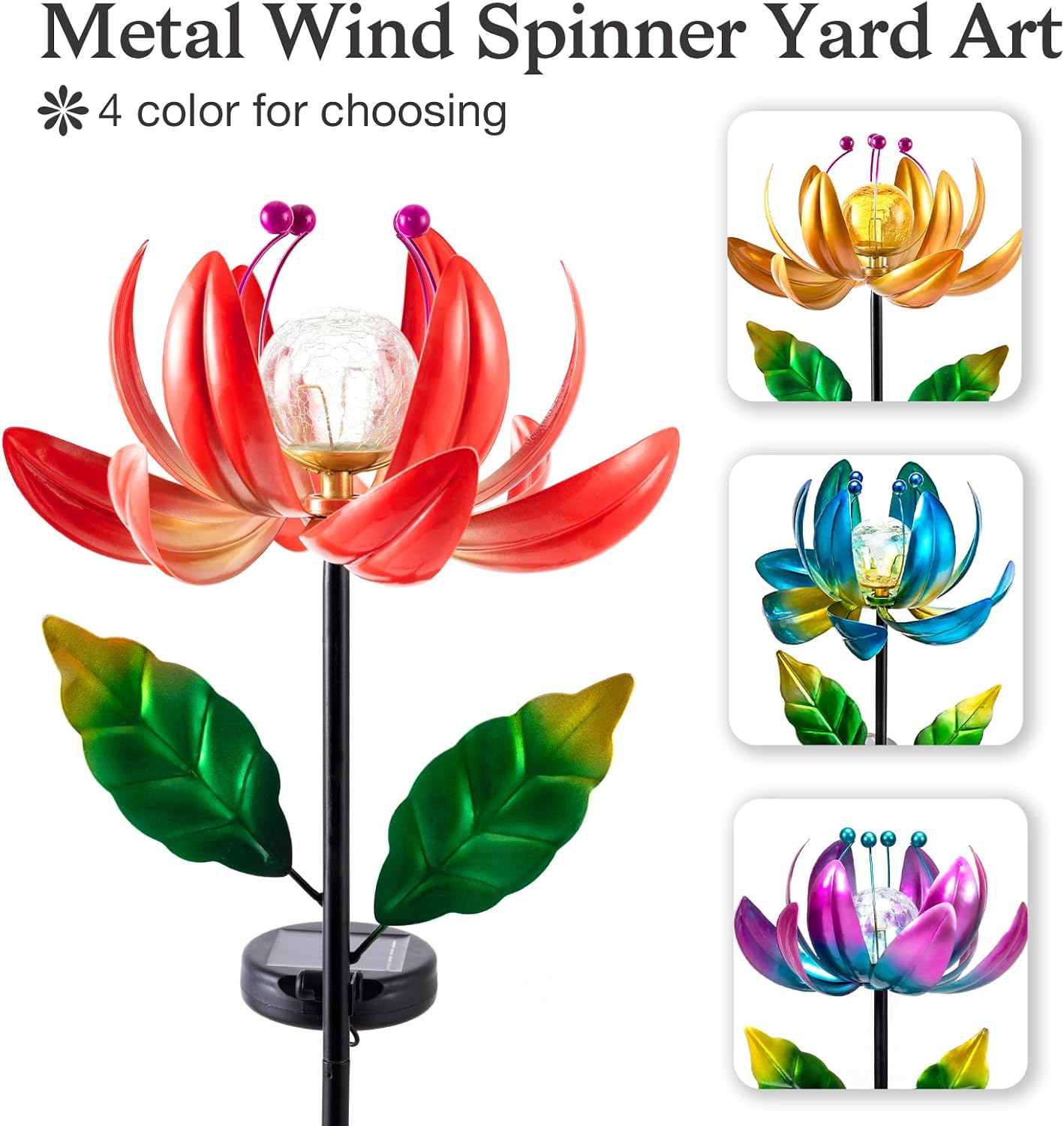 Solar Lights Outdoor Wind Spinners, Metal Lotus Flower Garden Decor with Waterproof LED Crackle Glass Globe for Patio