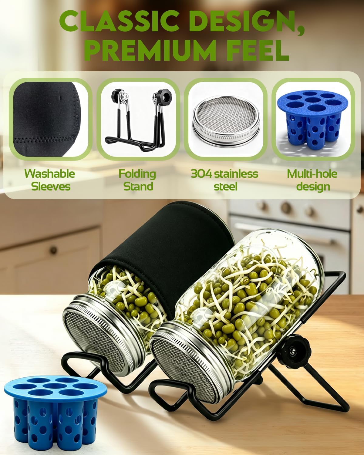 Seed Sprouting Jar Kit & Green Onion Regrower – 6 Regular Mouth Mason Jars with Stainless Steel Sprout Lids, Stand