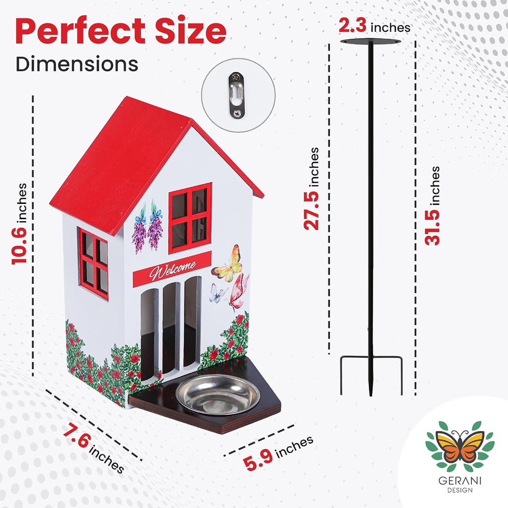 Butterfly House and Feeder for Outside - Wooden Butterfly Shelter with Metal Stake for Garden - 3 Mount Options