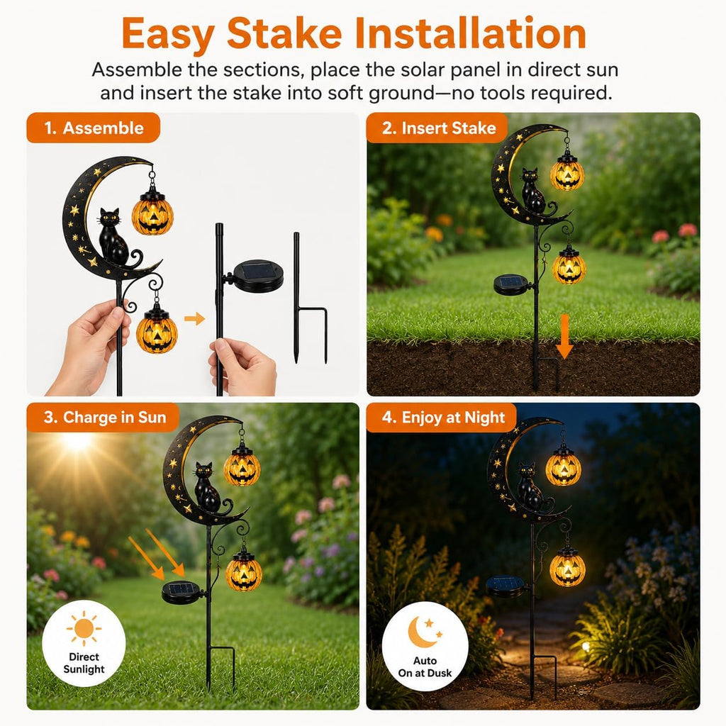 Solar Halloween Black Cat Pumpkin Moon Garden Stake Light for Outdoor Decor | Outdoor Waterproof LED Pumpkin Lights