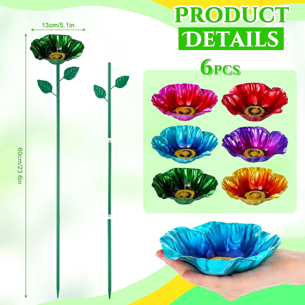 LemonRoad 6 Pcs Metal Bird Baths for Outdoors Flower Pattern Bird Bath Feeders with Metal Stake for Garden Yard Lawn