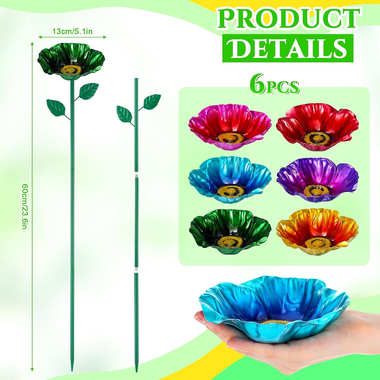 LemonRoad 6 Pcs Metal Bird Baths for Outdoors Flower Pattern Bird Bath Feeders with Metal Stake for Garden Yard Lawn