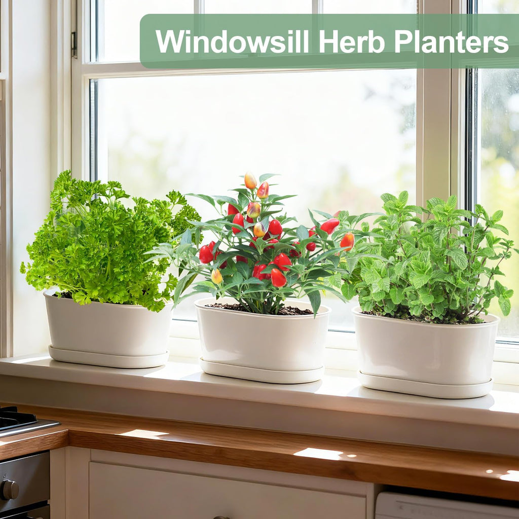 Set of 8 White Oval Window Sill Planters with Drainage Holes and Trays（7 Inch） for Herbs Basil Orchids Succulents
