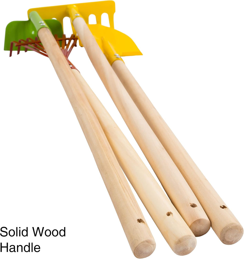 HEY! PLAY! Kids Gardening Tools Set, 4-Piece-Set | Mini Garden Tools with Wood Handles, Child-Sized Shovel, Rake, Hoe