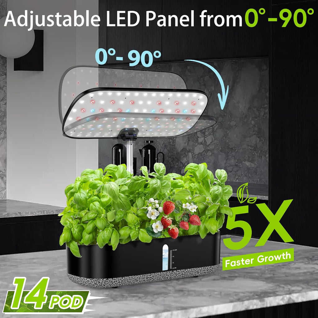 Hydroponics Growing System with LED Grow Light, 14 Pods Indoor Herb Garden Full Spectrum Rotatable Light Panel, Auto On
