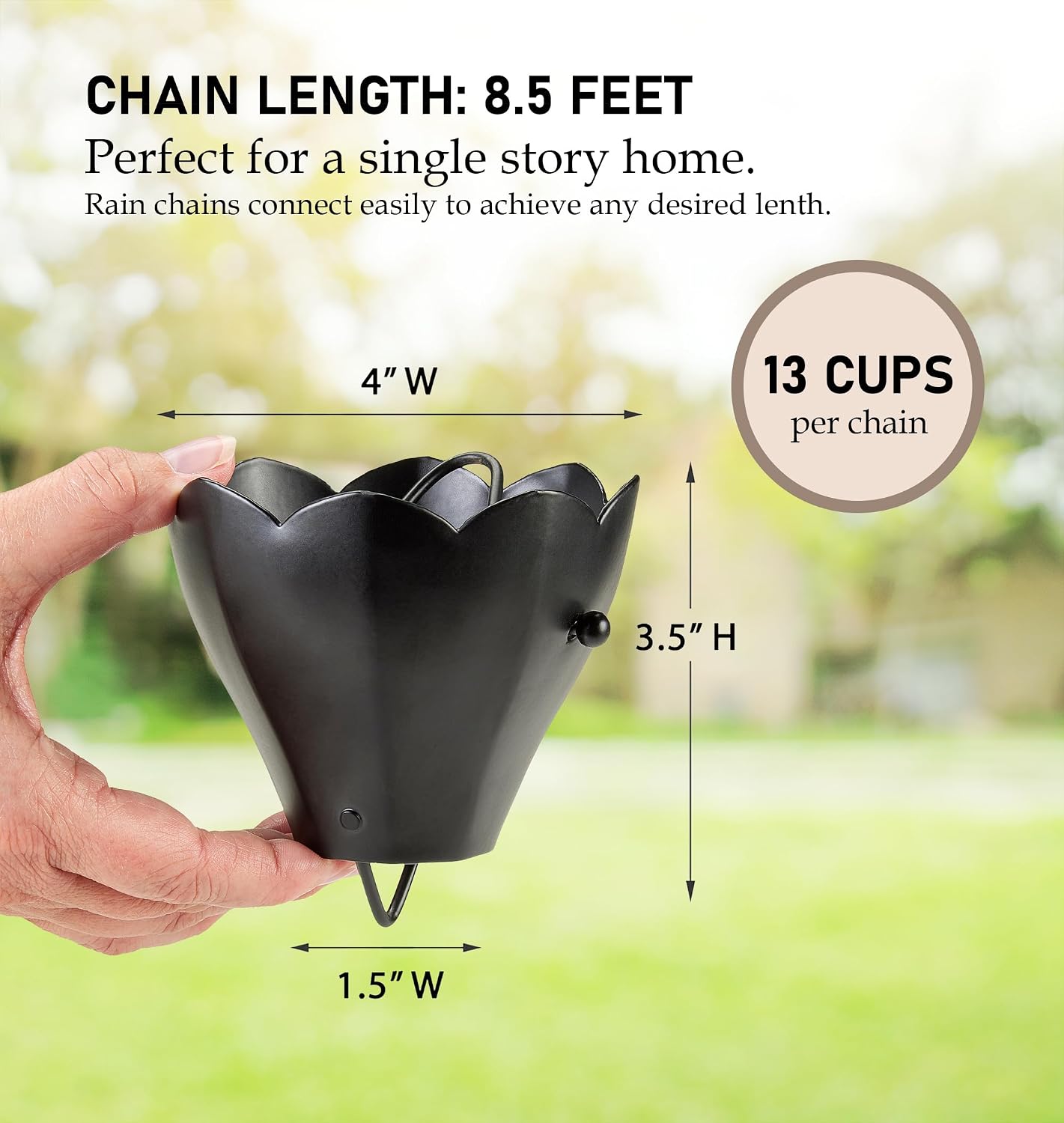 13 Cup Tulip Black Aluminum 8.5 ft. Rain Chain with Gutter Installation Clip by Good Directions
