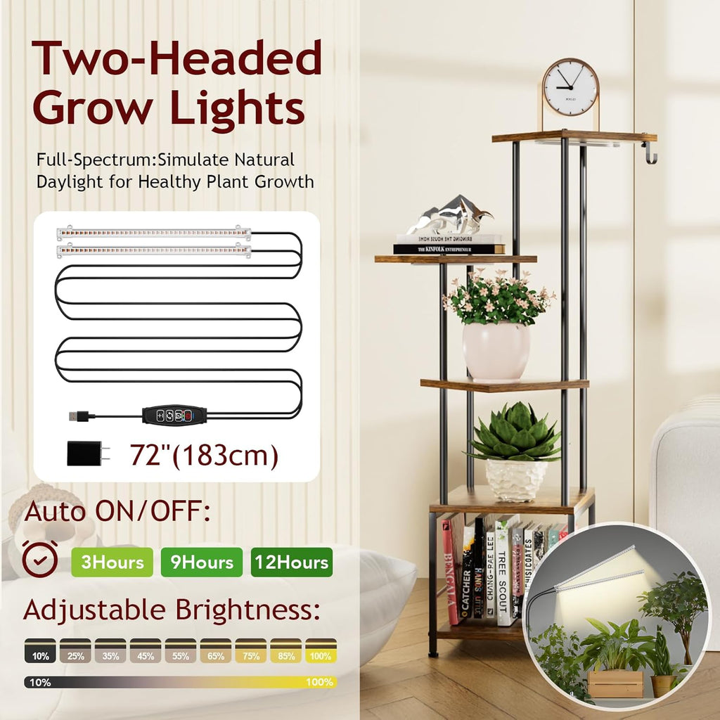 Plant Stand Indoor with Grow Light - 5-Tier Metal Plant Shelf with Hanging Basket Hook, Corner Tall Flower Holder for