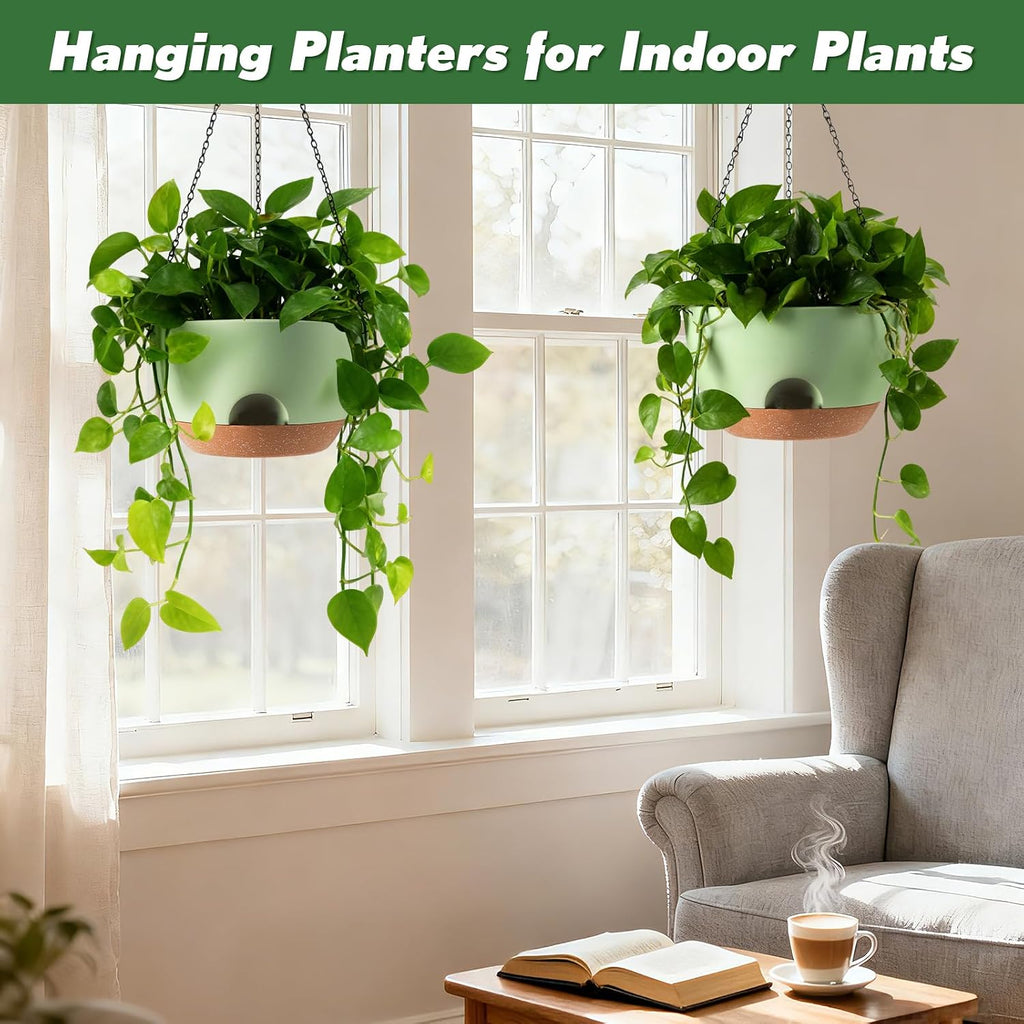 4-Piece Set of 8-Inch Hanging Planters with Automatic Watering System and Drip Tray, Includes Metal Chain, Suitable for