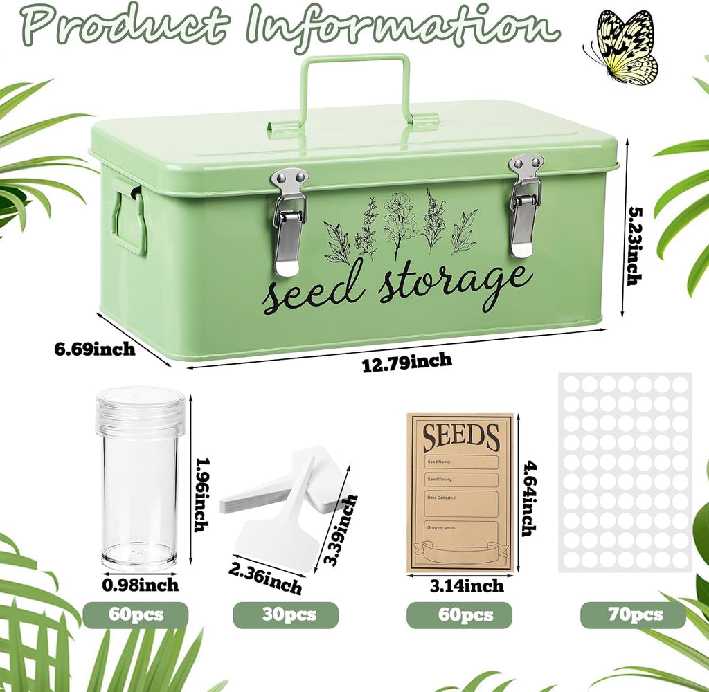 TINSKY Seed Storage Organizer Metal Seed Box with Lid and Locks Seed Saving Bank with 60 Seed Bottles, 30 Plant Labels