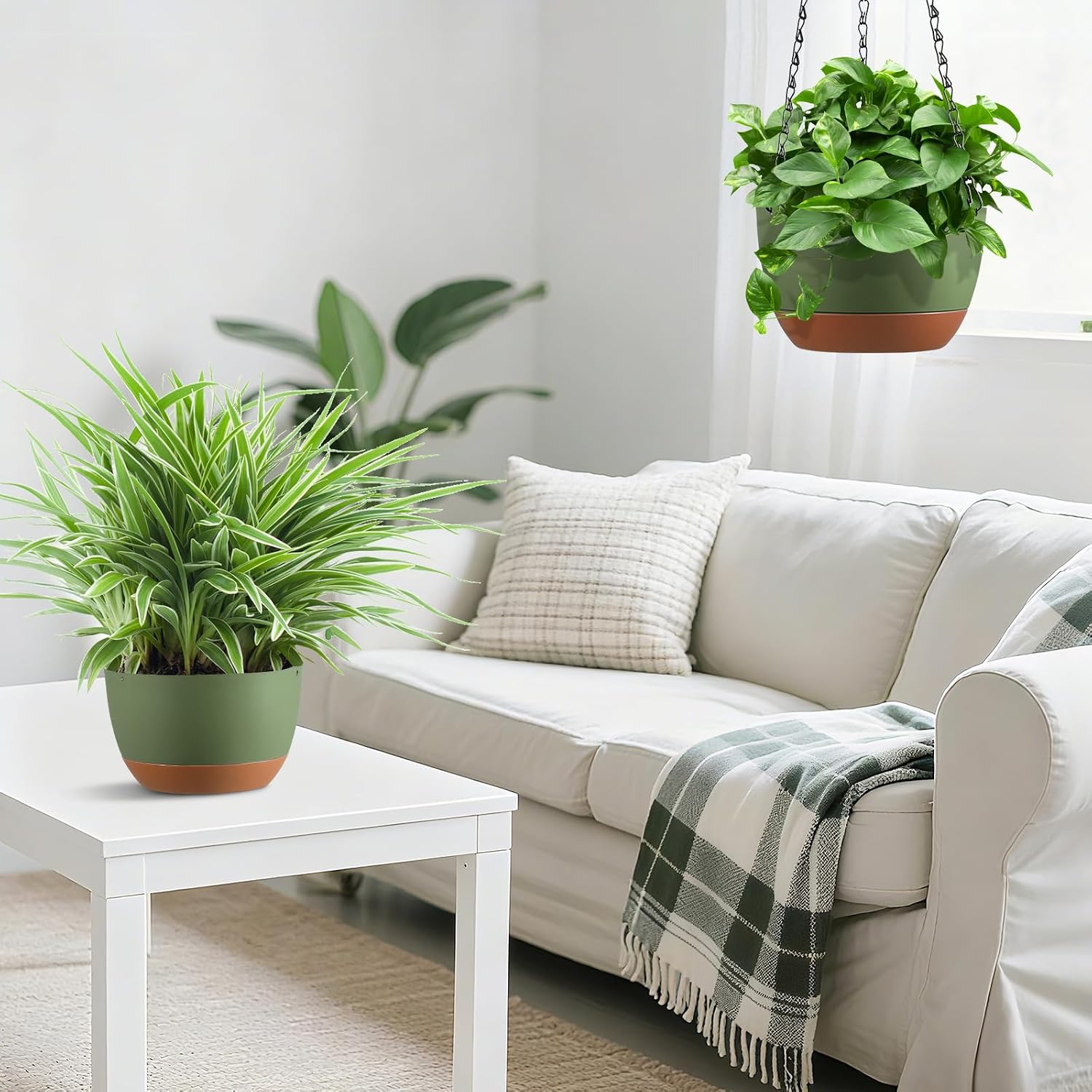 Set of 2-8 Inch Hanging Planters for Indoor Outdoor Plants | Self-Watering Hanging Flower Pots with Drainage Hole &