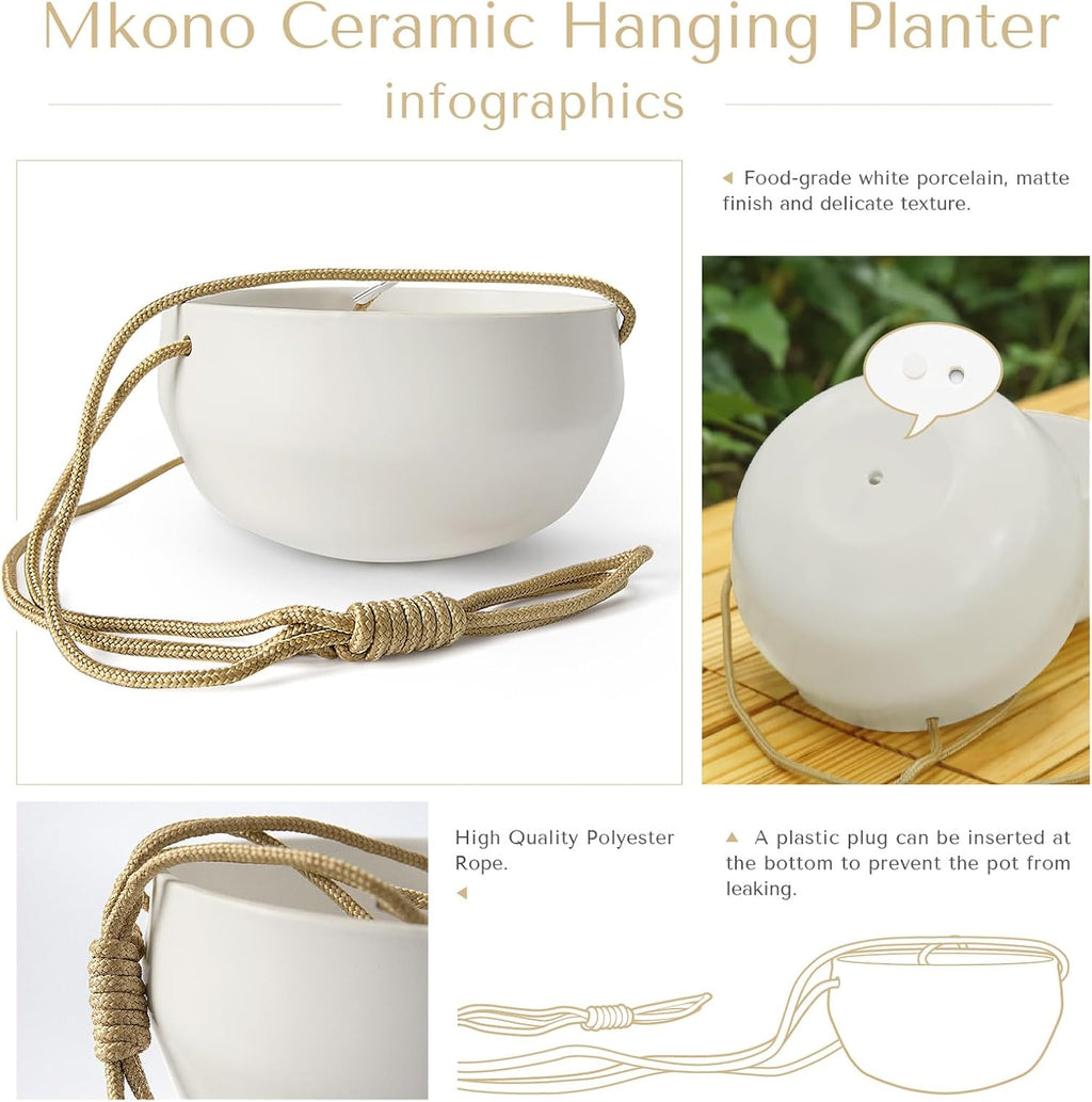 Mkono Ceramic Hanging Planters for Indoor Plants, 8" Shallow & 6" Deep 2Pcs | Modern Minimalist Plant Pots, Geometric
