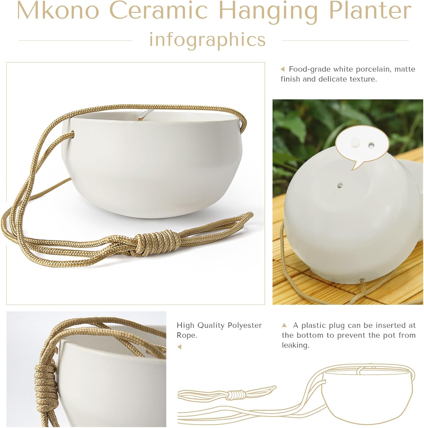 Mkono Ceramic Hanging Planters for Indoor Plants, 8" Shallow & 6" Deep 2Pcs | Modern Minimalist Plant Pots, Geometric