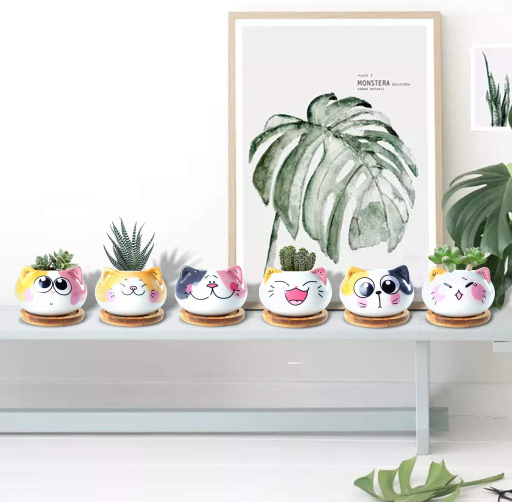 3.6Inch Cat Pot for Plant, Cat Planter Succulent Pot with Drainage Set of 6 | Tiny Animal Planter, Small Ceramic Air