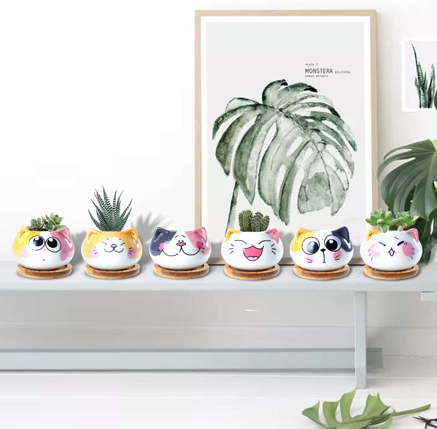3.6Inch Cat Pot for Plant, Cat Planter Succulent Pot with Drainage Set of 6 | Tiny Animal Planter, Small Ceramic Air