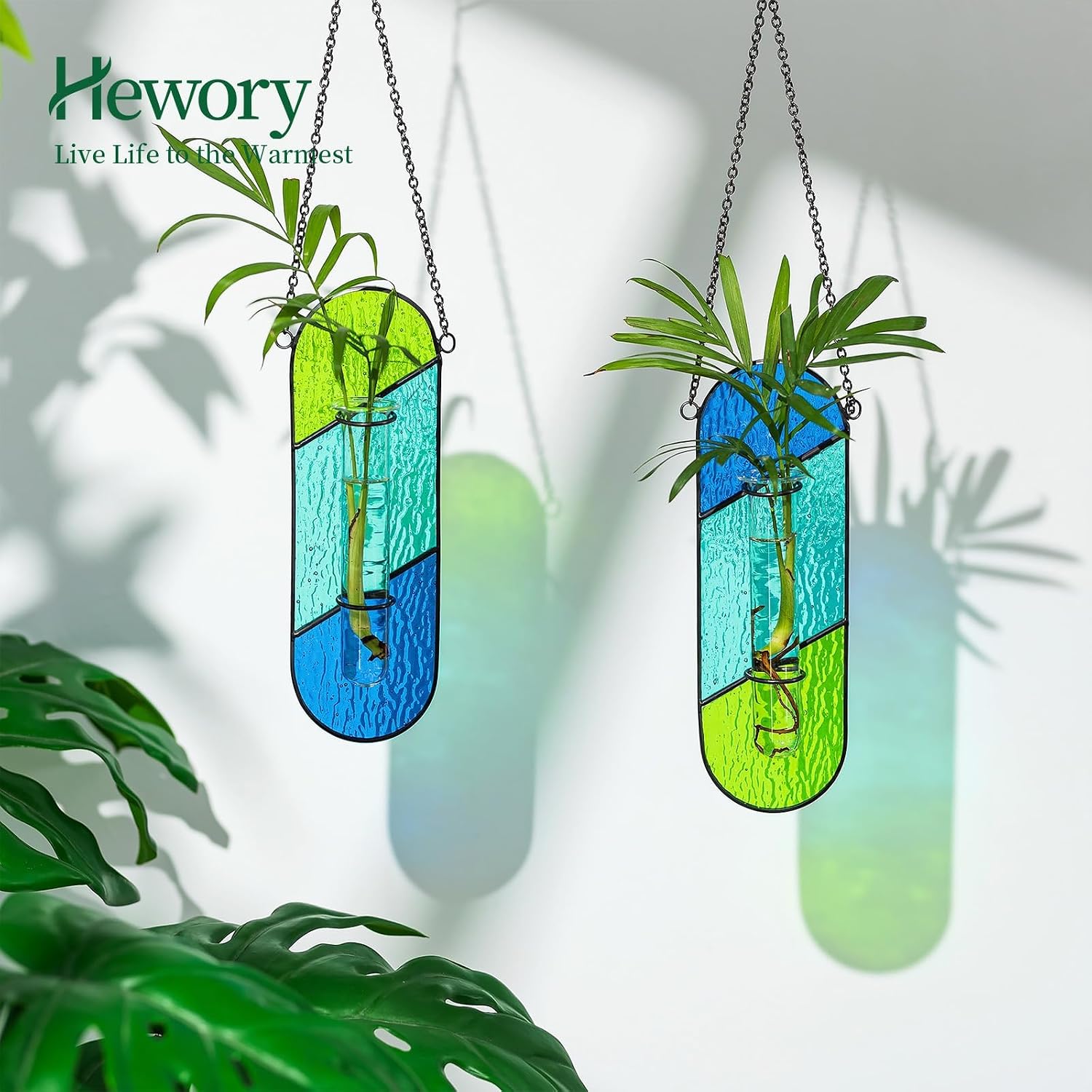 Hewory Stained Glass Window Hanging: 2PCS Propagation Stations Blue & Green | Vibrant Stained glass Plant Propagation