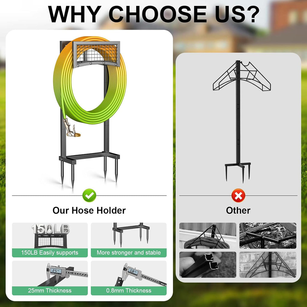 Garden Hose Holder – Heavy-Duty Metal Hose Reel with 4 Spikes, Supports Up to 150FT Hose, Sturdy Freestanding Storage