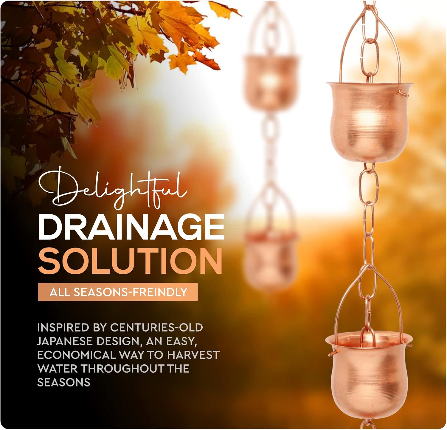 Copper Rain Chain – Decorative Chimes & Cups Replace Gutter Downspout & Divert Water Away from Home for Stunning