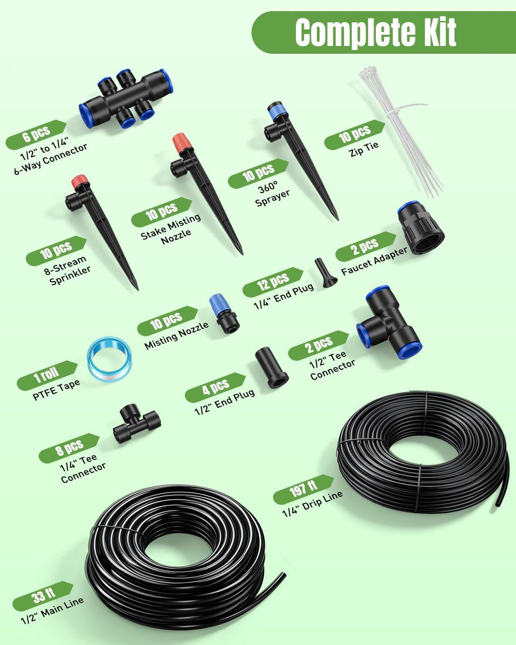 Pawfly 230 ft Quick Connect Drip Irrigation Kit, Drip Irrigation System for Garden Watering System with 1/2" (33 ft) &
