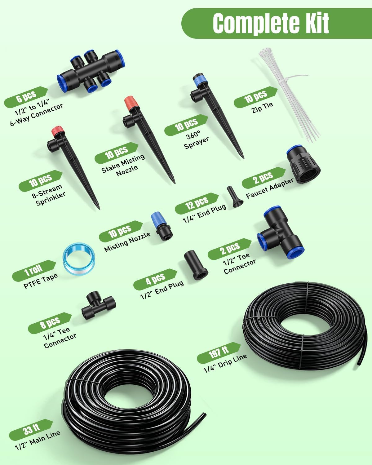 Pawfly 230 ft Quick Connect Drip Irrigation Kit, Drip Irrigation System for Garden Watering System with 1/2" (33 ft) &