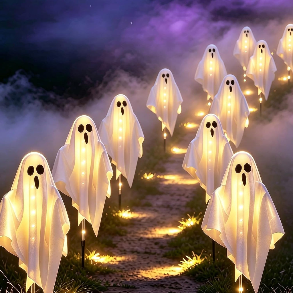 6-Pack Solar Powered Ghost Halloween Decorations Outdoor, Auto On/Off, Ghost Path Lights for Scary Party Yard Garden Lawn Holiday Decor(Warm White)