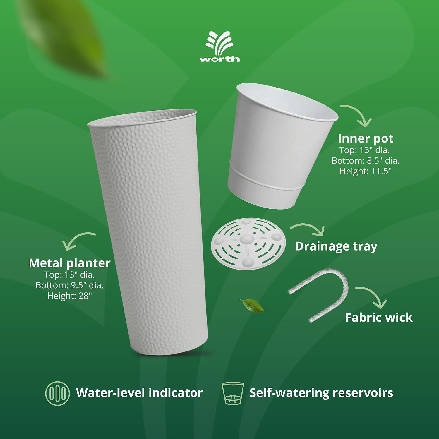 Worth Garden 2-Pack 28" H. Metal Planter with 2X Inside Pots - Hand-Hammered Texture Tall Cone Plant Pots - Large