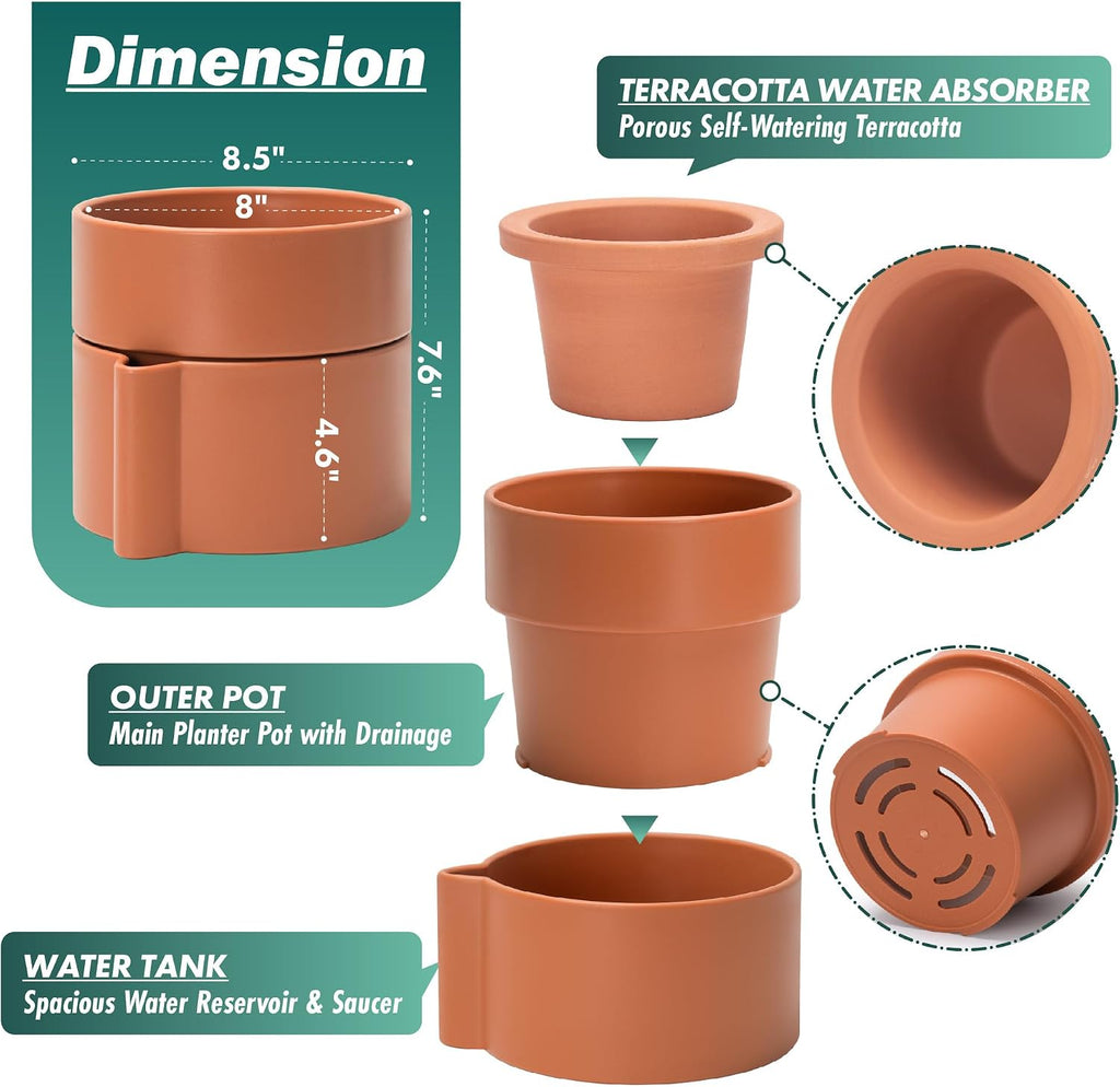 8 Inch Self-Watering Planter Pot with Terracotta Insert, Deep Water Reservoir, and Ceramic-Alike BPA-Free Plastic
