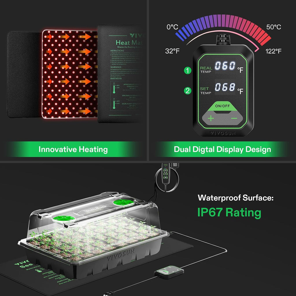 VIVOSUN 1-Pack Seed Starter Kit, 40-Cell Tray, LED Lights and Heat Mat | 10"x20.75" Seedling Heating Mat, 3.6" Higher