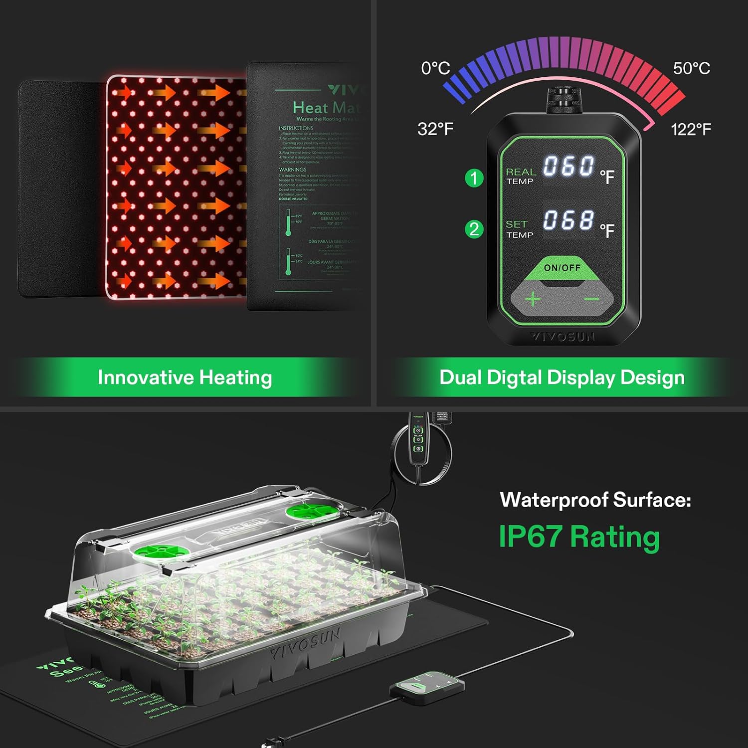 VIVOSUN 1-Pack Seed Starter Kit, 40-Cell Tray, LED Lights and Heat Mat | 10"x20.75" Seedling Heating Mat, 3.6" Higher
